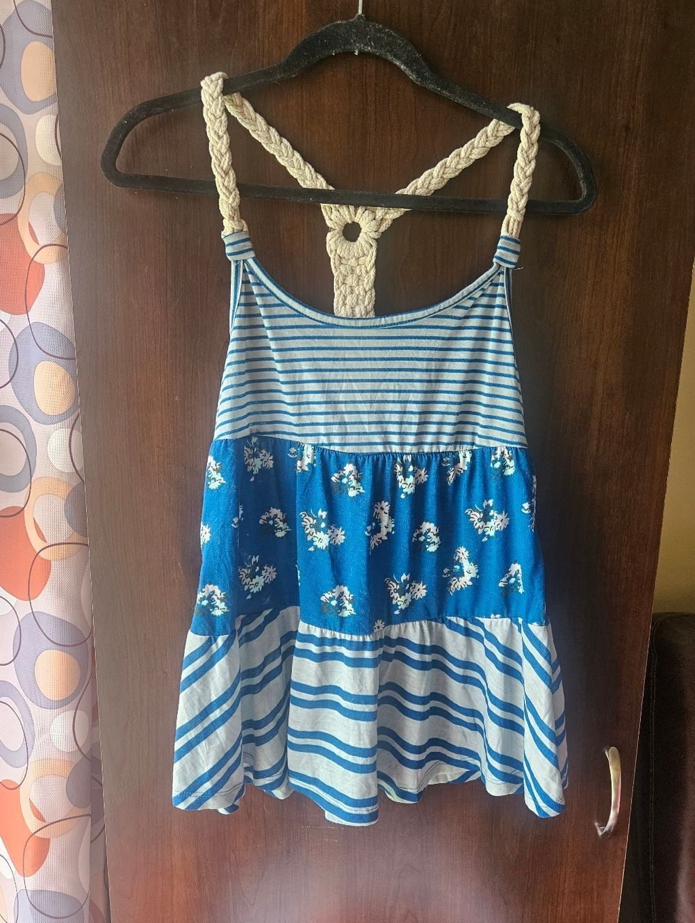 Love By Design Blue & Cream Striped Tank with Crochet Straps